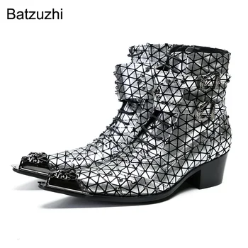 Batzuzhi/ Модни Сребристи Мъжки Ботильоны От Естествена Кожа На Ток 6,5 см, Мъжки Обувки с Изкривени в стил пънк-рок, Мъжки Вечерни, Сватбени
