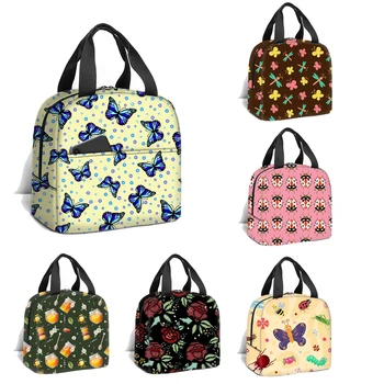 Красиви цветя, водни Кончета, пеперуда, калинка, чанта за обяд, изолиран контейнер за училищни чанти, кутия за обяд на пикник сред природата