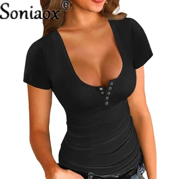 Секси дамско тениска с кръгло деколте и копчета, топ с къс ръкав, дамски летни обикновена ежедневни тънки улични пуловери, блузи