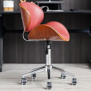 Компютърен стол Удобно за домашна употреба Скандинавски офис стол от масивно дърво, Кожен стол за релакс, извити дървени столове, Модерен минимализъм