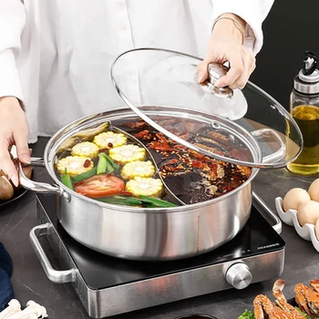 Гореща тенджера с капак от неръждаема стомана 304, сгъстено тигани за готвене, индукционная готварска печка със стъклен капак, китайски прибори за фондю