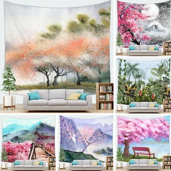 Гоблен, който можете да окачите на стената на поръчка, плат за снимката, Кавайный декор игла, флорални пейзажи в японски стил, естетика