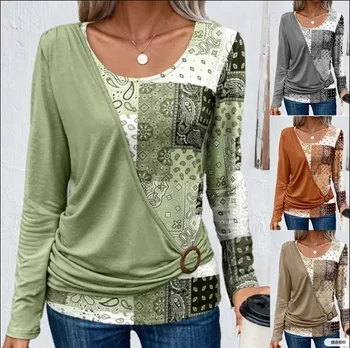 Есенно-зимни дамски блузи, обикновена върхове с принтом, цепене, Нередовен кръгъл отвор, ежедневни трикотажная тениска с дълъг ръкав, пуловер