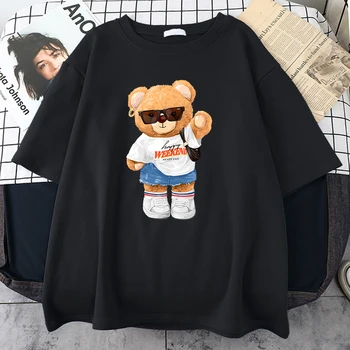 Младо Момиче-Мечка, Пълен с Жизненост, в памучна Тениска С кръгло деколте, Модни Творчески Тениски Harajuku, Негабаритная Мъжка Тениска