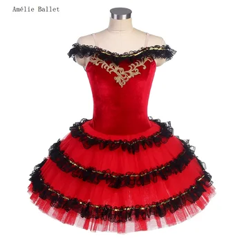 BLL414 Червено Испанско рокля-пакетче с открити рамене с форма на Камбана, Балетна Танцова Пакет за Възрастни и Деца, Танцово Рокля За Изказвания Балерина