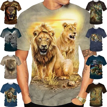 Готина тениска за двойки с 3D-принтом Лъв и тигър, летни модни къси потници с животни