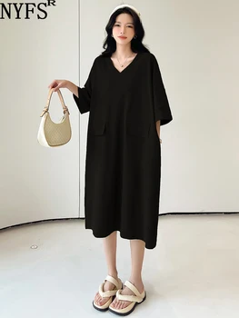 NYFS 2023 Лятото Ново Корейското Женствена Рокля С Къс Ръкав Vestidos Robe Ete Femme Elbise Свободни Дълги Рокли С Камуфляжным Принтом Размер Плюс