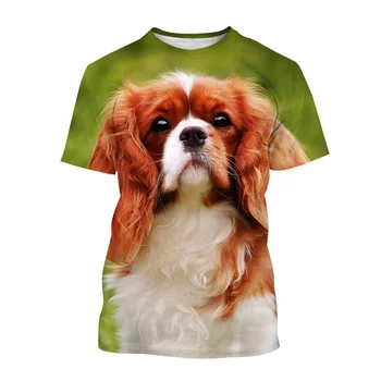 Мъжка тениска с 3D-принтом Cavalier Dog, сладък Кинг Чарлз Шпаньол, модни дамски тениски с къс ръкав, ежедневна детска тениска