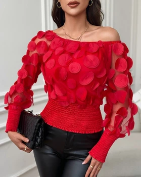 Жена велпапе топ от прозрачна мрежа с цветя модел Пролетна риза от шифон с обемен цветен балон, обещаваща окото риза с пузырчатым ръкав