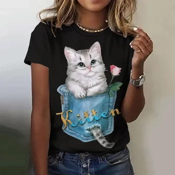 2024 Тениски с образа на привлекателен котка, забавен модерен топ с къс ръкав, дамски дрехи Kawaii Y2k, дамски ежедневни ризи