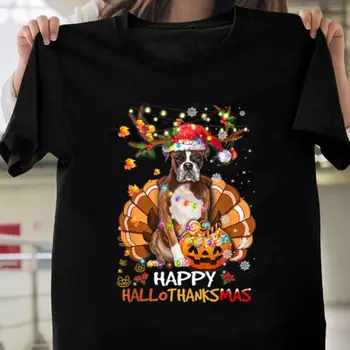 Boxer Happy Dog Hallothanksmas Halloween Ден на Благодарността, Коледа Женска тениска мъжка с дълъг ръкав