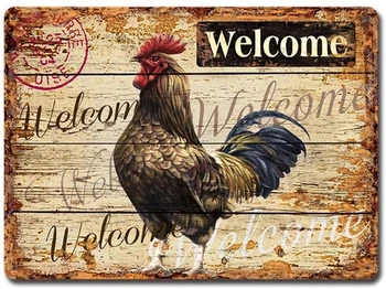 Лидице знак ферма, плакат с пиле, добре дошли! Реколта метални табели с петел, лидице знак за украса кухненски бар
