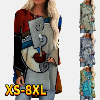 Дамски тениски с анимационни абстрактен модел в стил мозайка, ежедневни активна градинска дрехи с дълъг ръкав и кръгло деколте, незаменими върховете XS-8XL