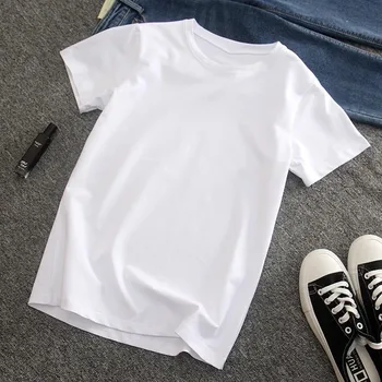 Черно-бяла тениска от чист памук с къс ръкав за мъже и жени през лятото, безплатен и универсален топ с кръгло деколте и ръкави наполовина.