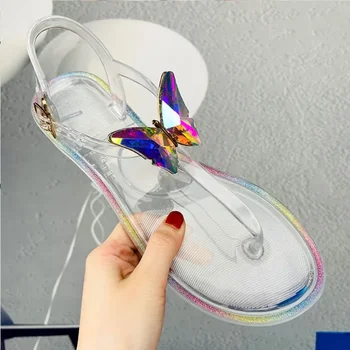 Нови прозрачни дамски сандали от желе, размер 36-42, лятна мода с пеперуди от PVC и кристали
