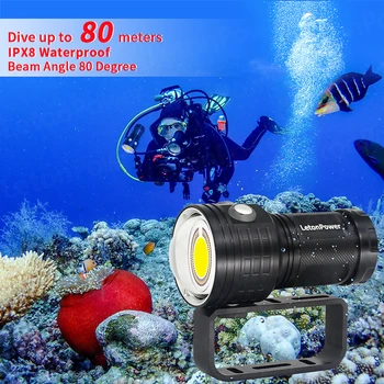 Осветление за подводна фотография LetonPower 12000 лумена COB Лампа led фенерче за гмуркане на 100 м Водоустойчив видеофонарь