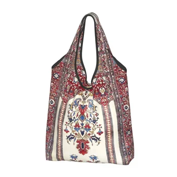 За многократна употреба антикварен бохемски персийски копринен килим за пазаруване, дамски чанти-тоут, преносими геометрични етнически чанти-килим за пазаруване в магазините за хранителни стоки.