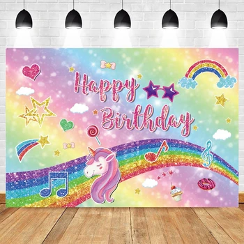 Rainbow Unicorn Звезда Облак Музика Торта Понички Душата на новороденото Рожден Ден Фон за снимки Винил подпори за фотофона