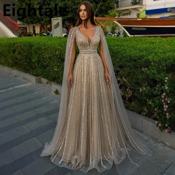 ПРЕЛИВАЩИ се цветове, Луксозни Дълги вечерни рокли с трапецовидна форма, с V образно деколте за сватбени партита, расшитое пайети вечерна рокля за абитуриентски бал в Дубай с нос